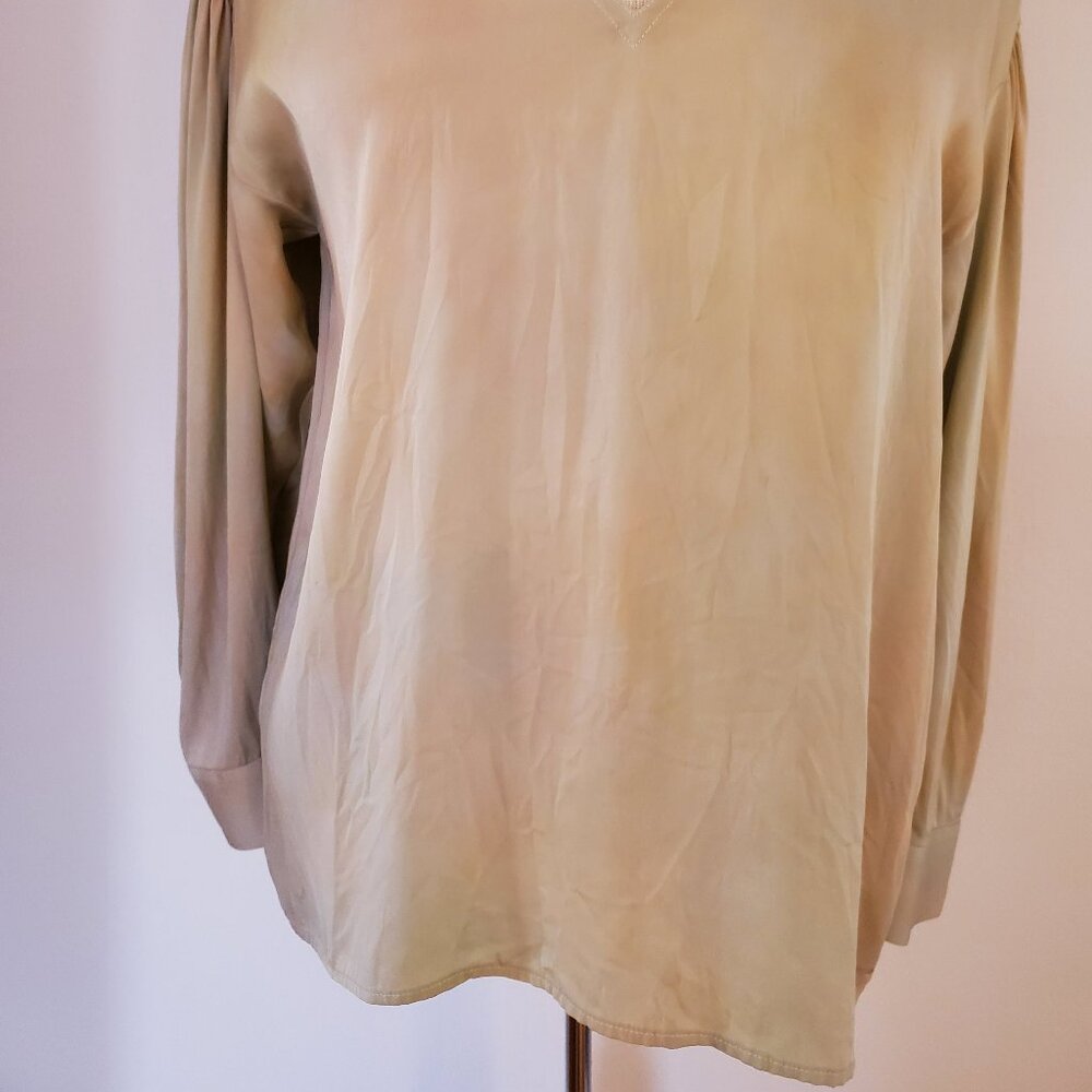 Vince painted crepe chiffon silk long sleeve ruched back blouse small medium XS - Picture 4 of 5